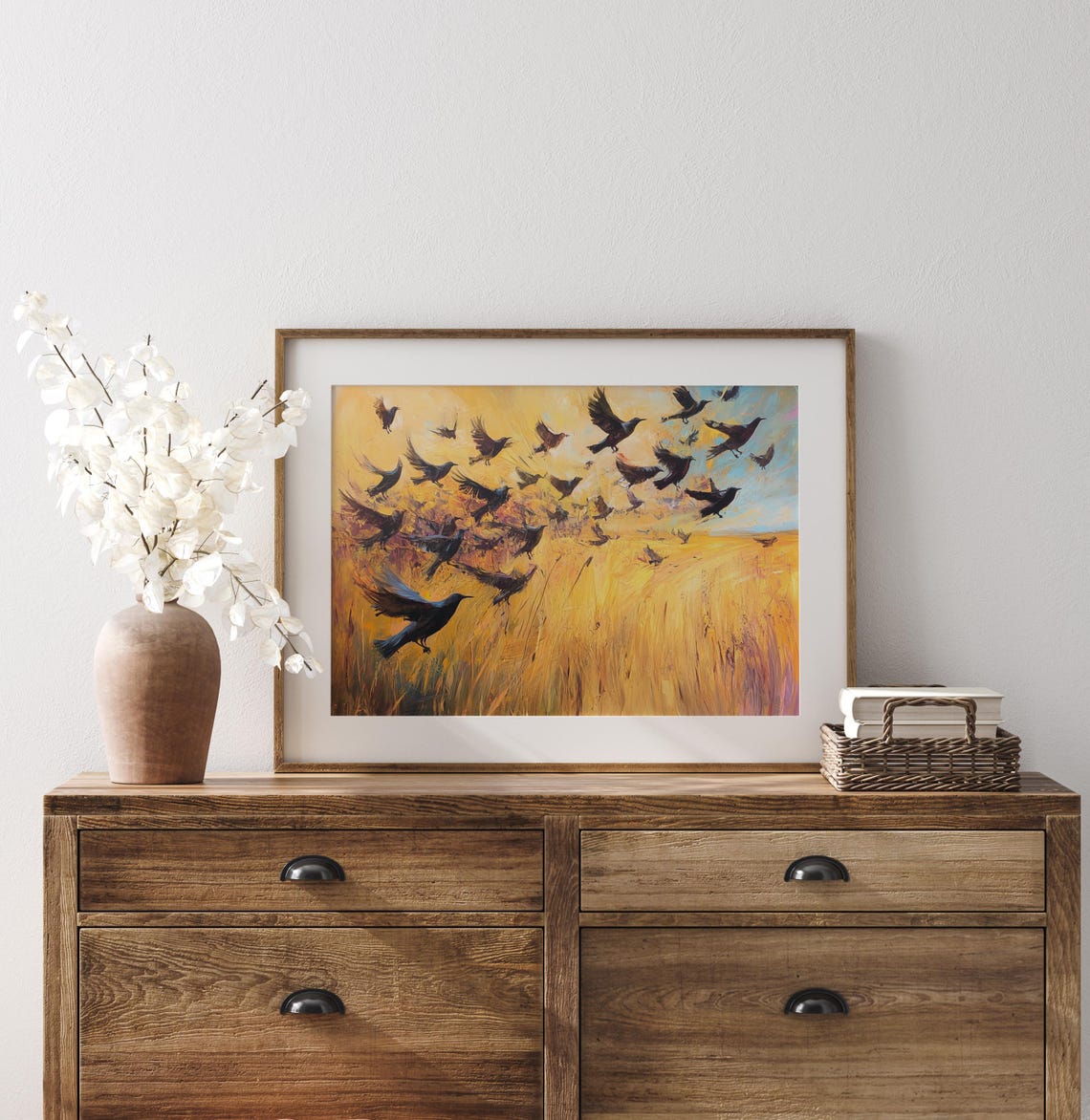 Starling Flock Flying Over Golden Meadow At Sunset Art Poster - Image 2