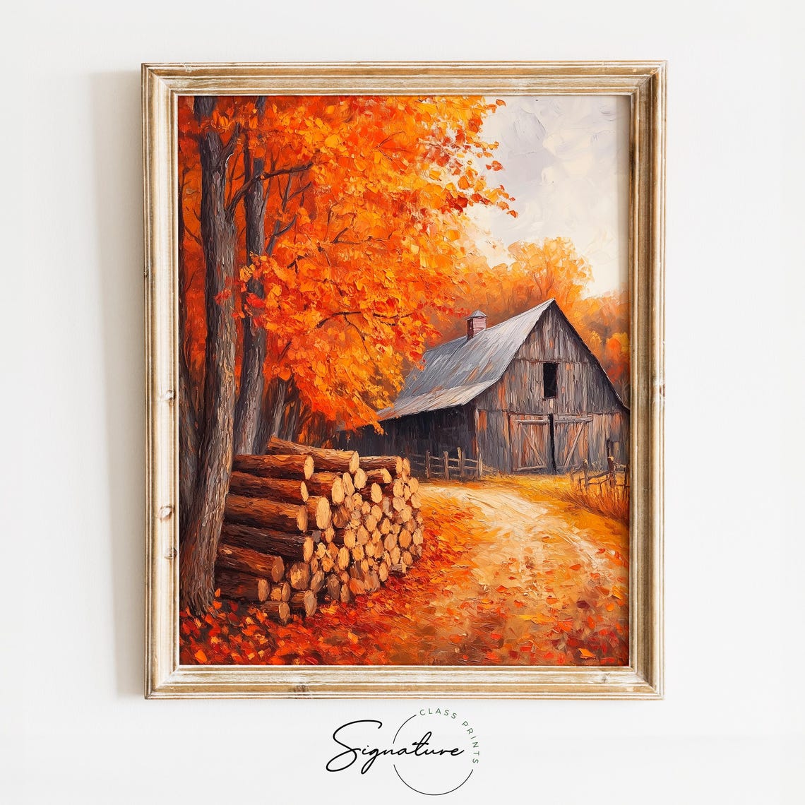 Cut Log Stack Weathered Barn Fiery Maple Autumn Painting Print
