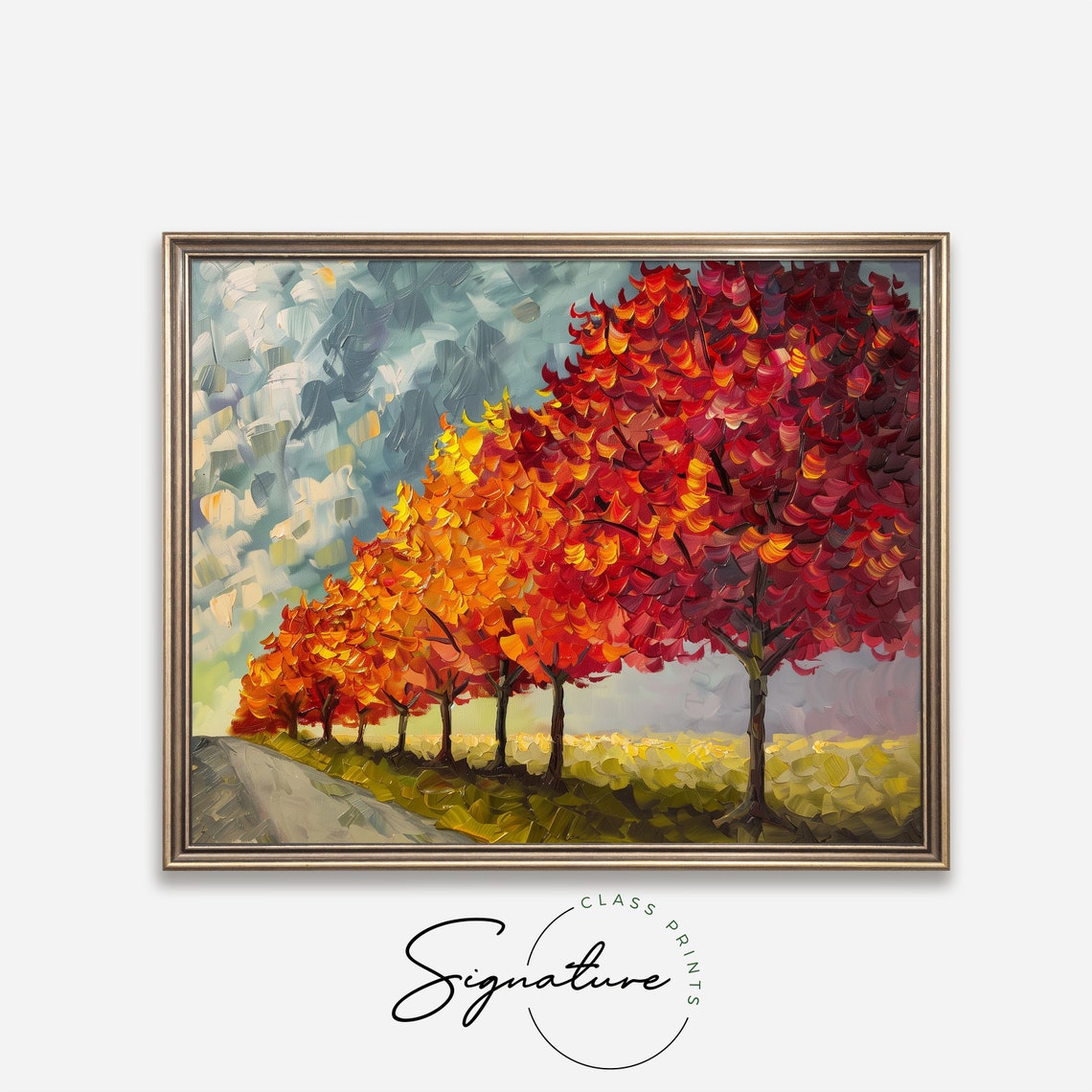 Blazing Autumn Maple Row Along Rural Road Impasto Fall Poster - Image 4