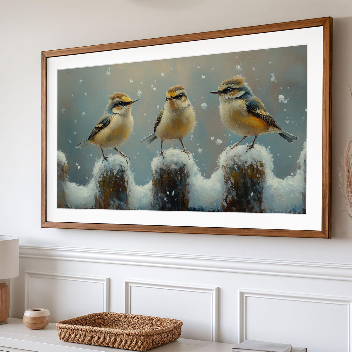Tiny Goldcrests On Snowy Fence Posts In Falling Winter Snow Poster - Image 2