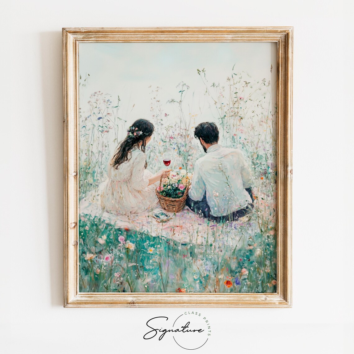 Romantic Picnic In Wildflower Meadow Couple Wine Vintage Wall Art