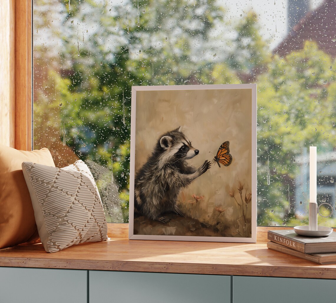 Baby Raccoon Reaching for Monarch Butterfly Cute Animal Poster - Image 2