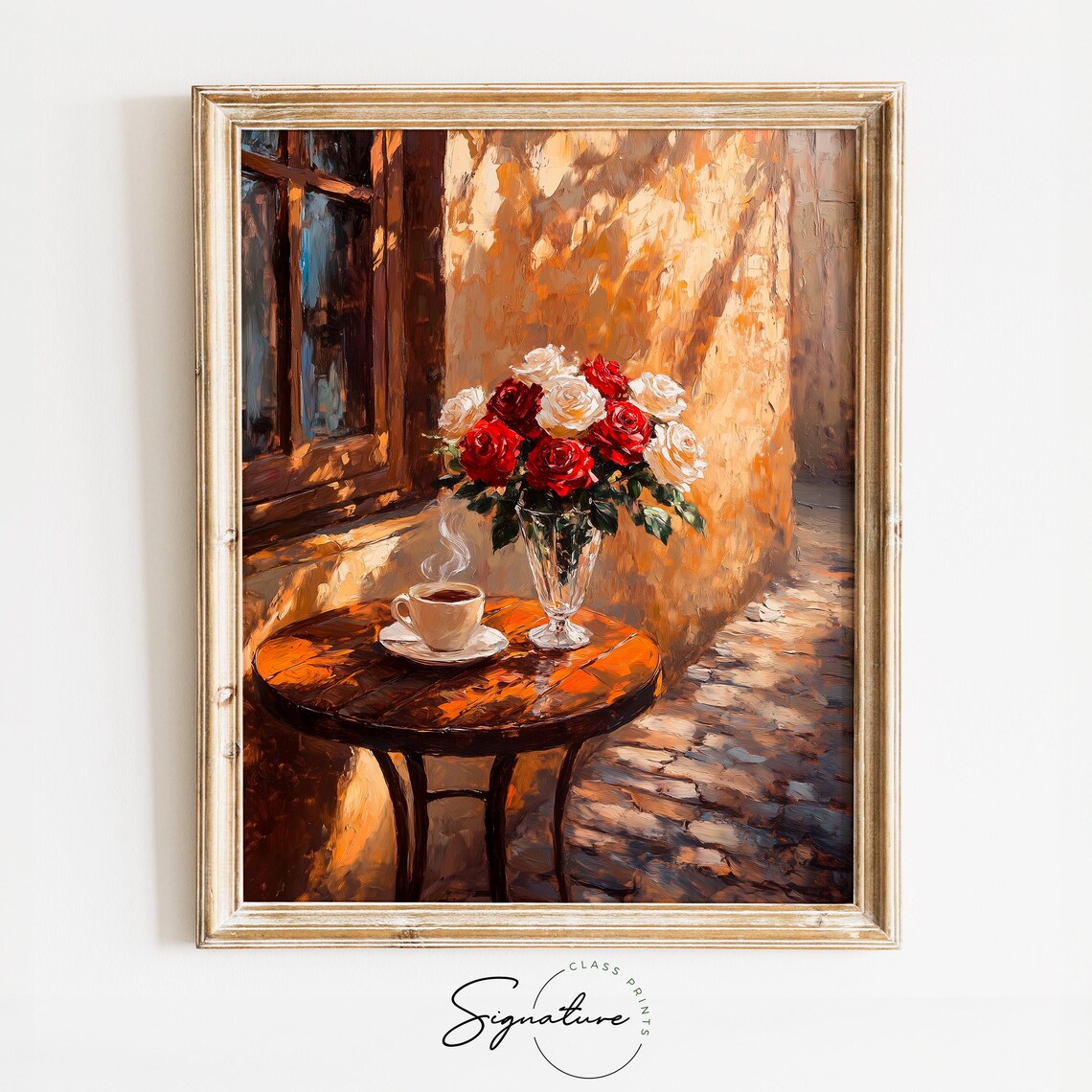 Sunlit Coffee Shop Patio With Roses, Rustic Scene Art Print