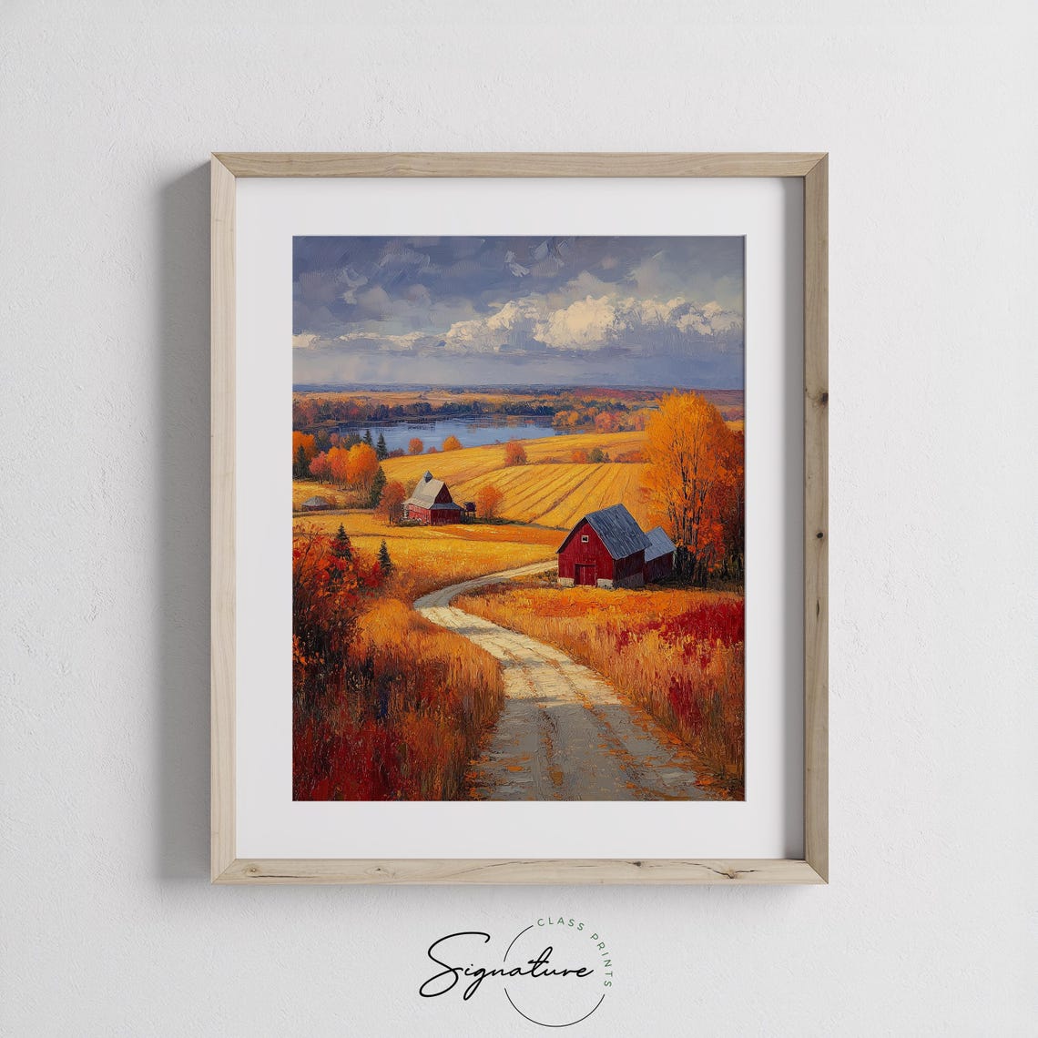 Autumn Farmland Panorama Red Barns Golden Fields Lake View Poster - Image 3