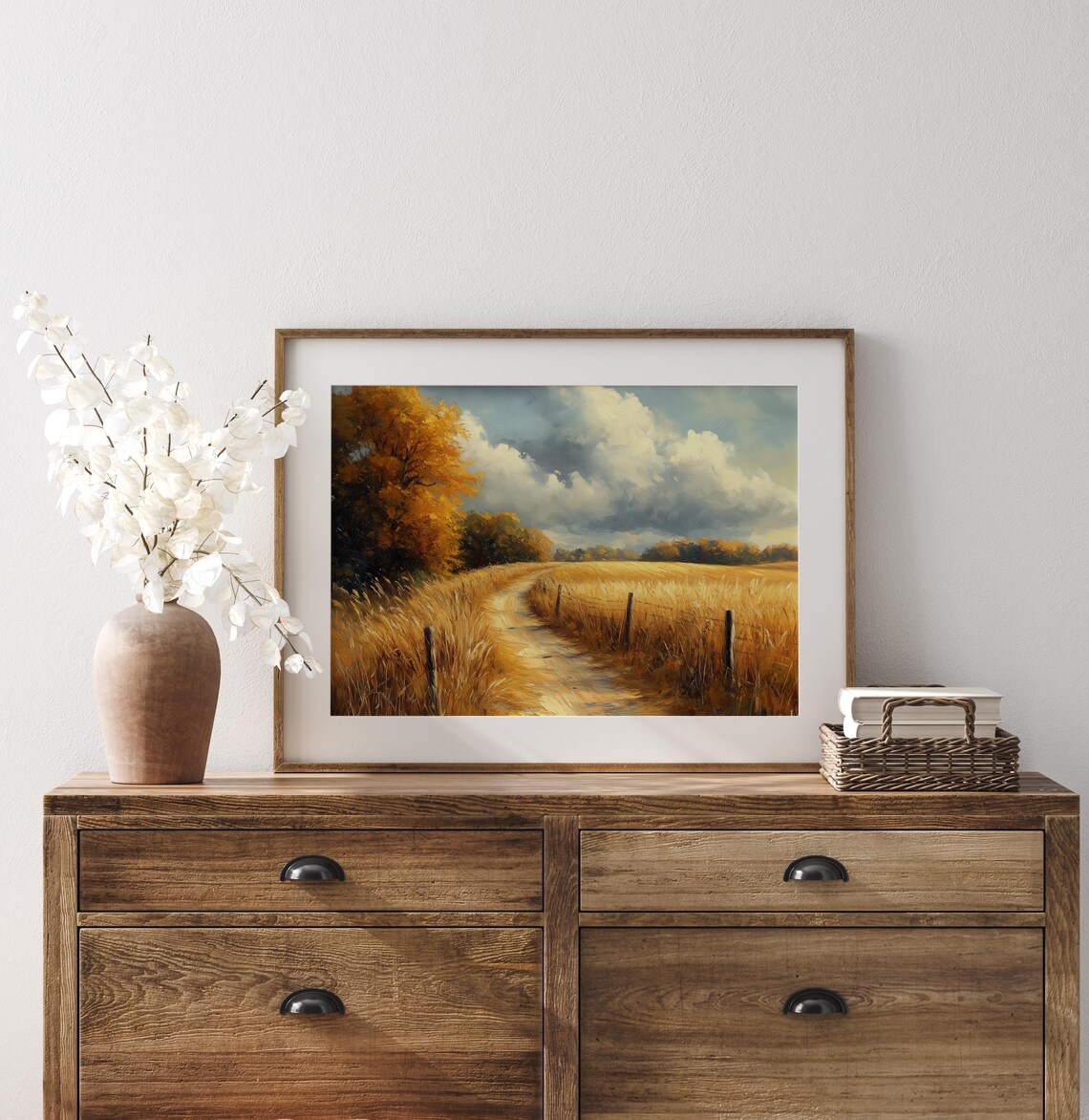 Country Lane Through Golden Wheat Field Rustic Autumn Landscape Poster - Image 3