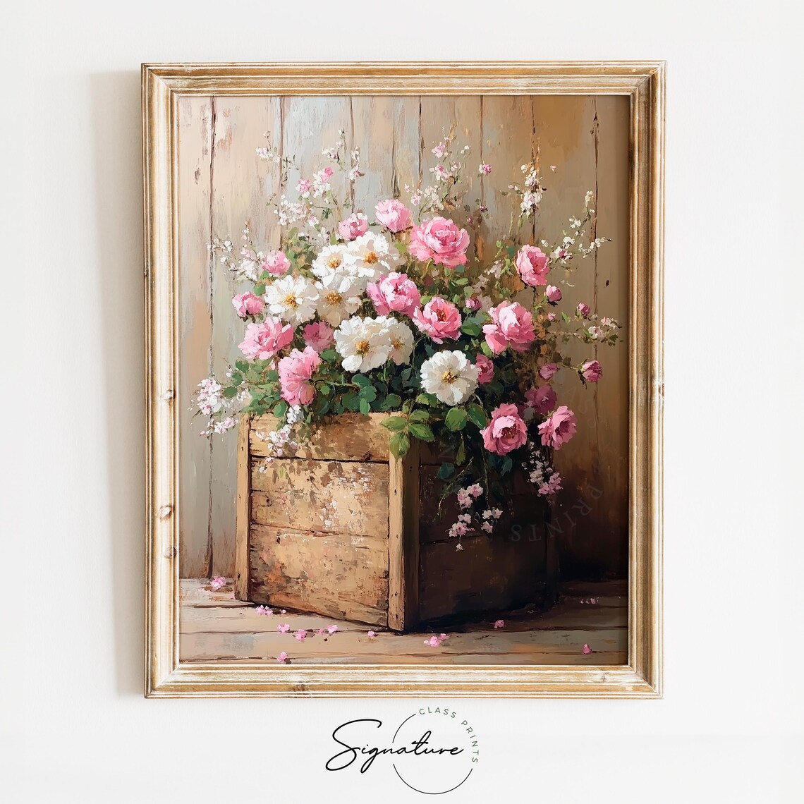 Weathered Wooden Chest With Roses, Vintage Wall Art