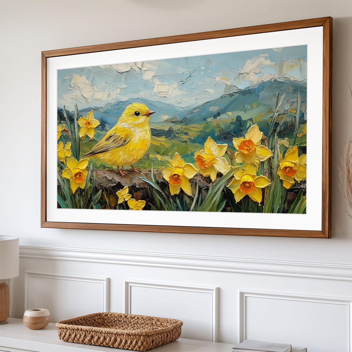 Yellow Finch Among Golden Daffodils Mountain Valley Meadow Poster - Image 2