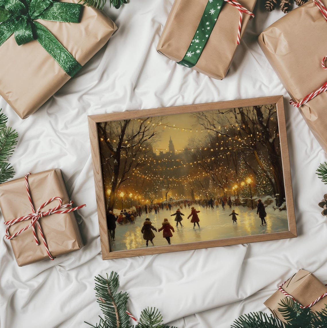Ice Skaters Under String Lights In Snowy Park At Night Poster - Image 2
