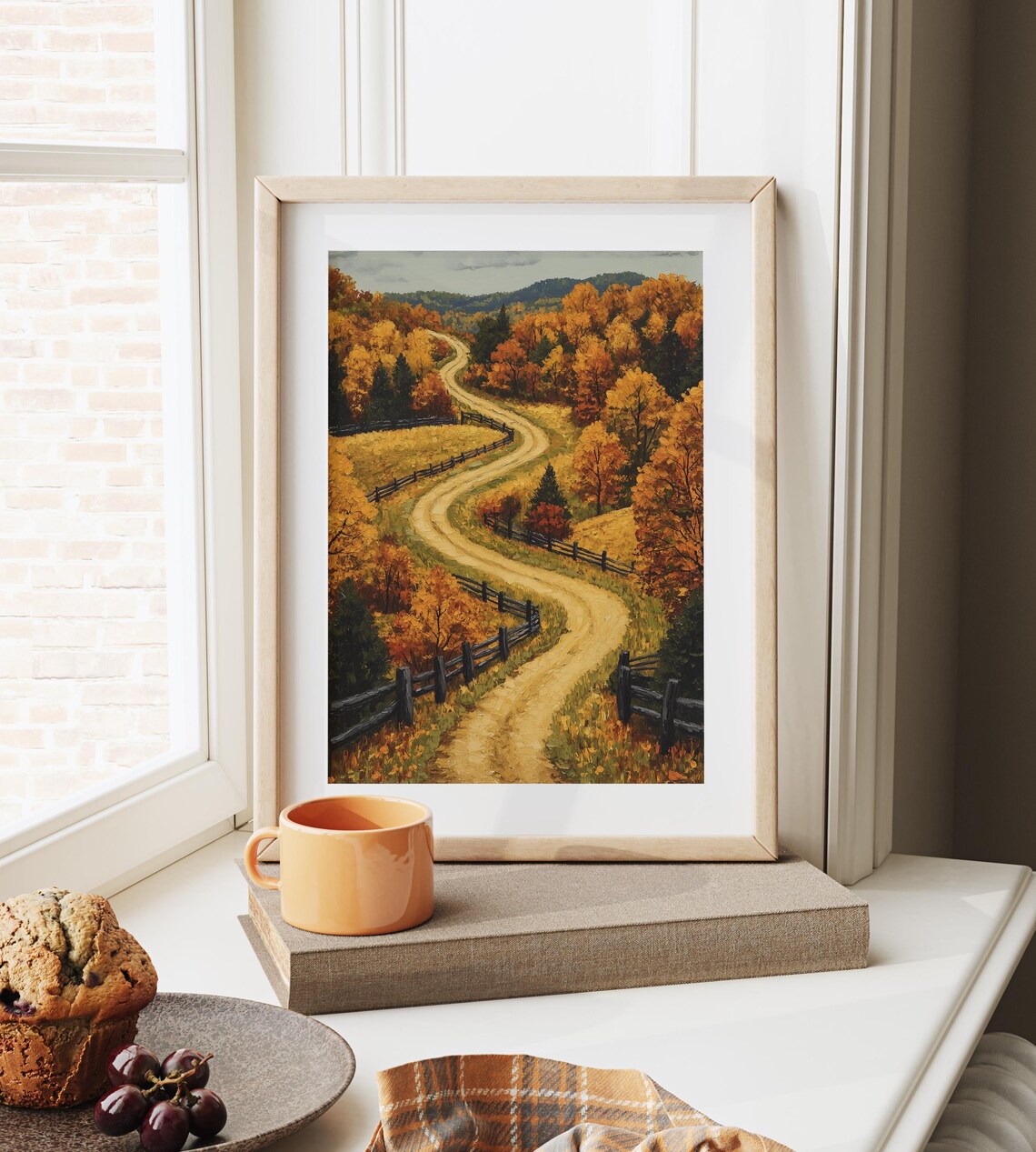 Winding Fence Road Autumn Forest Hilltop Scenic Painting Print - Image 6