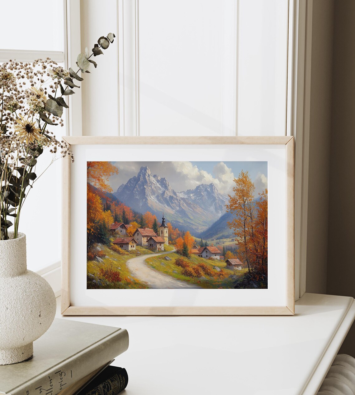 Alpine Village Chapel Snowy Peaks Autumn Oil Painting Poster - Image 6