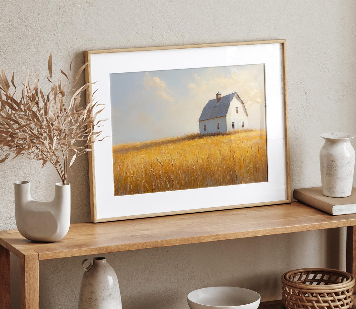 White Barn Wheat Field Golden Sky Autumn Farmhouse Landscape Wall Art - Image 4