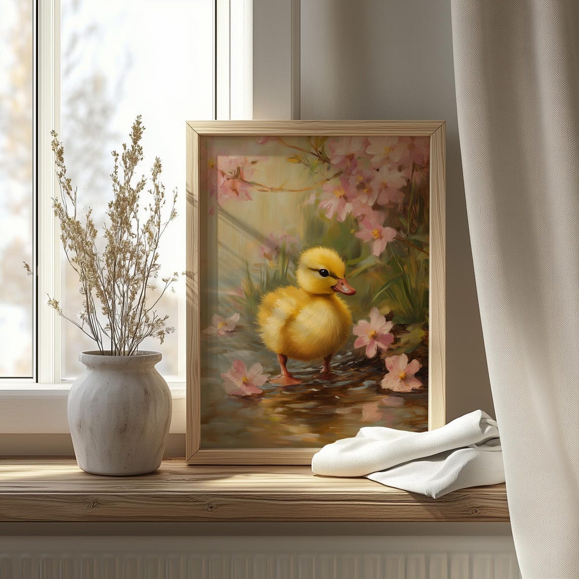 Baby Duckling in Water Pink Blossom Petals Spring Wildlife Art Print - Image 4