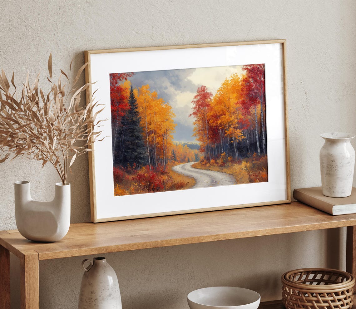 Curving Forest Road Between Tall Trees in Blazing Fall Color Poster - Image 4