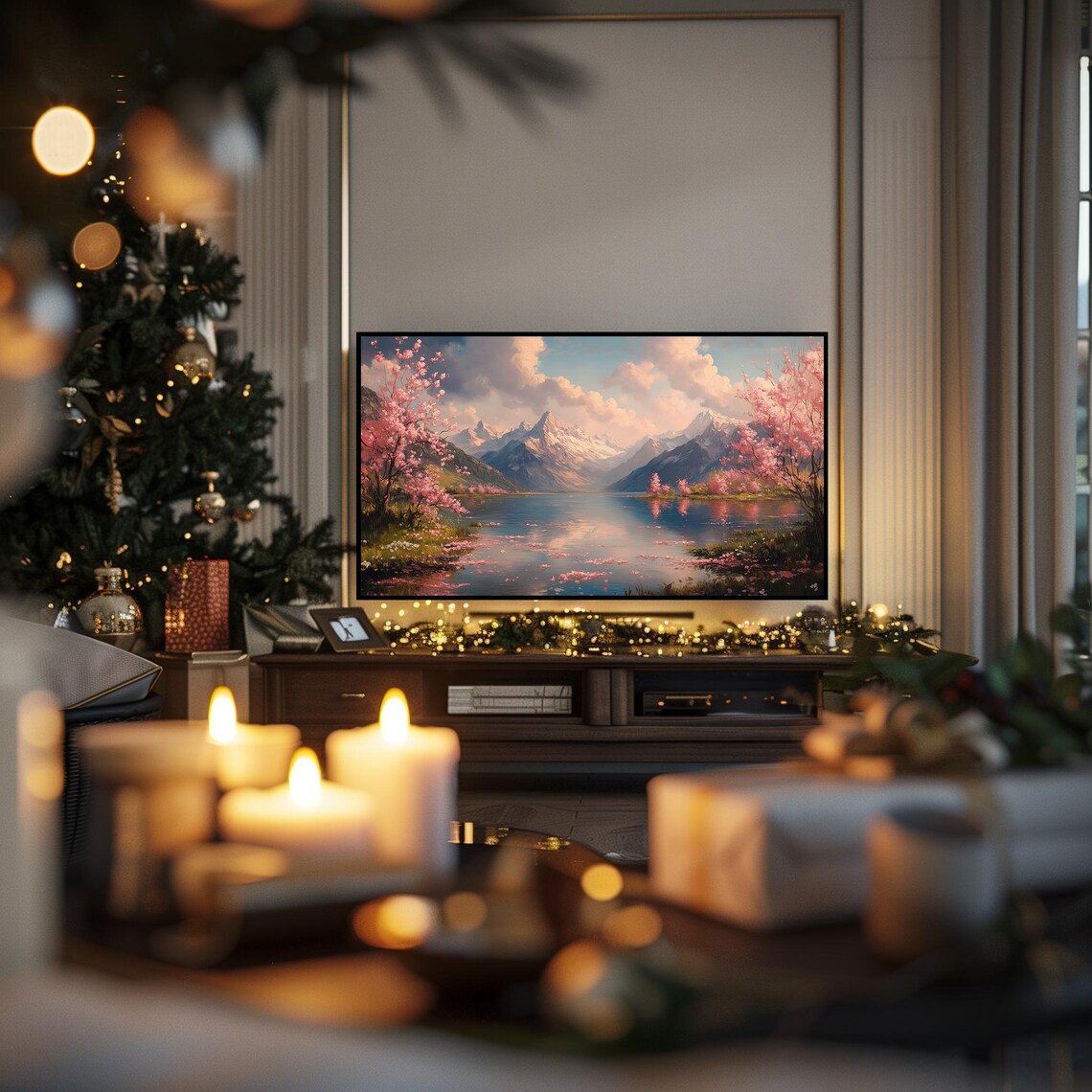 Cherry Blossoms Over Alpine Lake With Snowy Peaks Frame TV Wall Art - Image 3