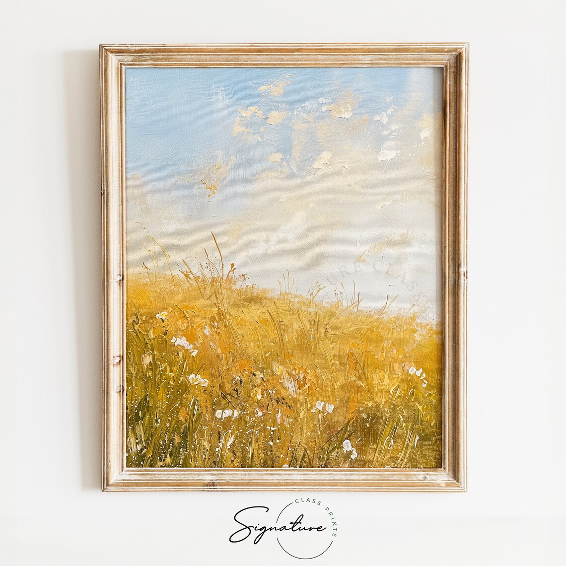 Golden Wheat Field with White Wildflowers Under Blue Sky Poster