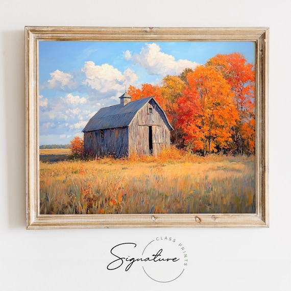 Weathered Wooden Barn Golden Field Autumn Trees Rustic Poster
