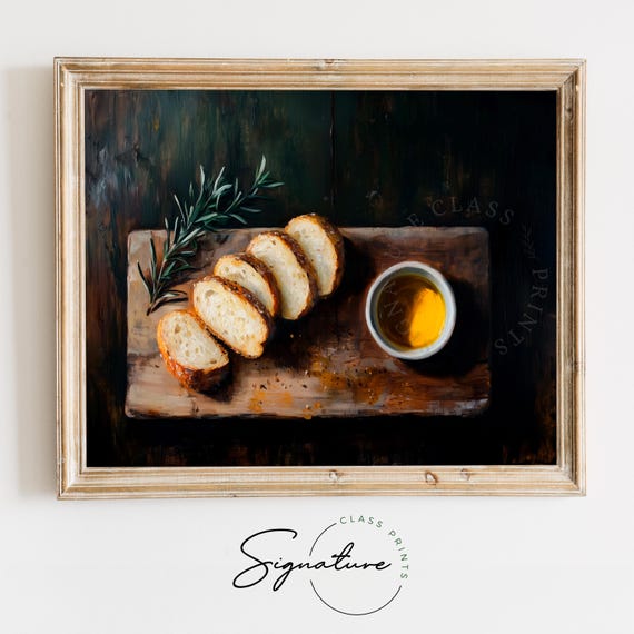 Sliced Bread With Olive Oil On Rustic Board Earthy Christmas Wall Art Moody Farmhouse Winter Kitchen Decor Holiday 2731