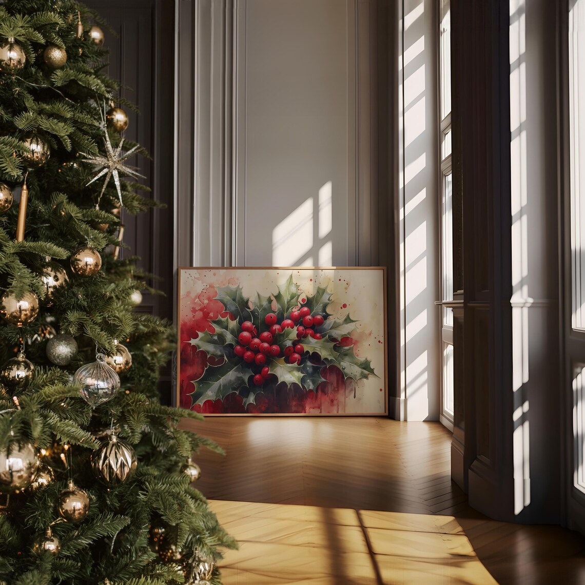 Christmas Holly Berries Watercolor Painting Holiday Season Wall Poster - Image 6