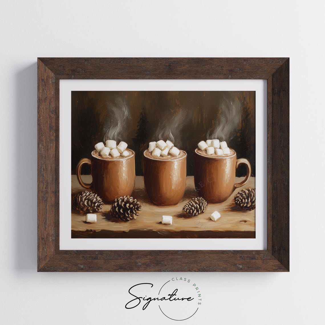 Three Steaming Hot Cocoa Mugs With Marshmallows On Wood Poster - Image 5