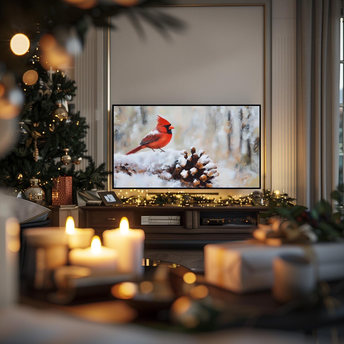 Bright Red Cardinal Resting On Snowy Pinecone Winter TV Art Poster - Image 6