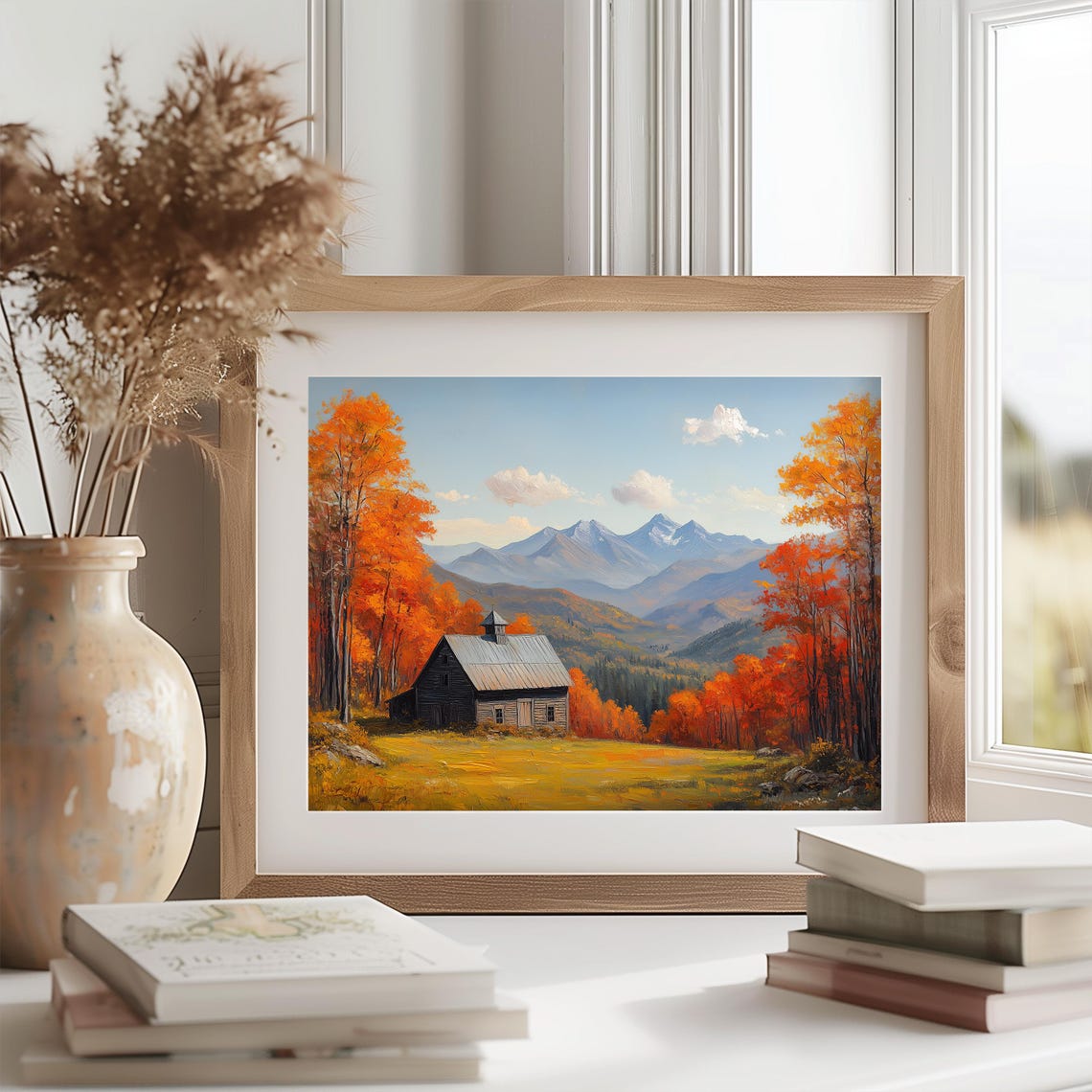 Rustic Barn With Cupola Autumn Trees Snowcapped Mountain Peaks Print - Image 2