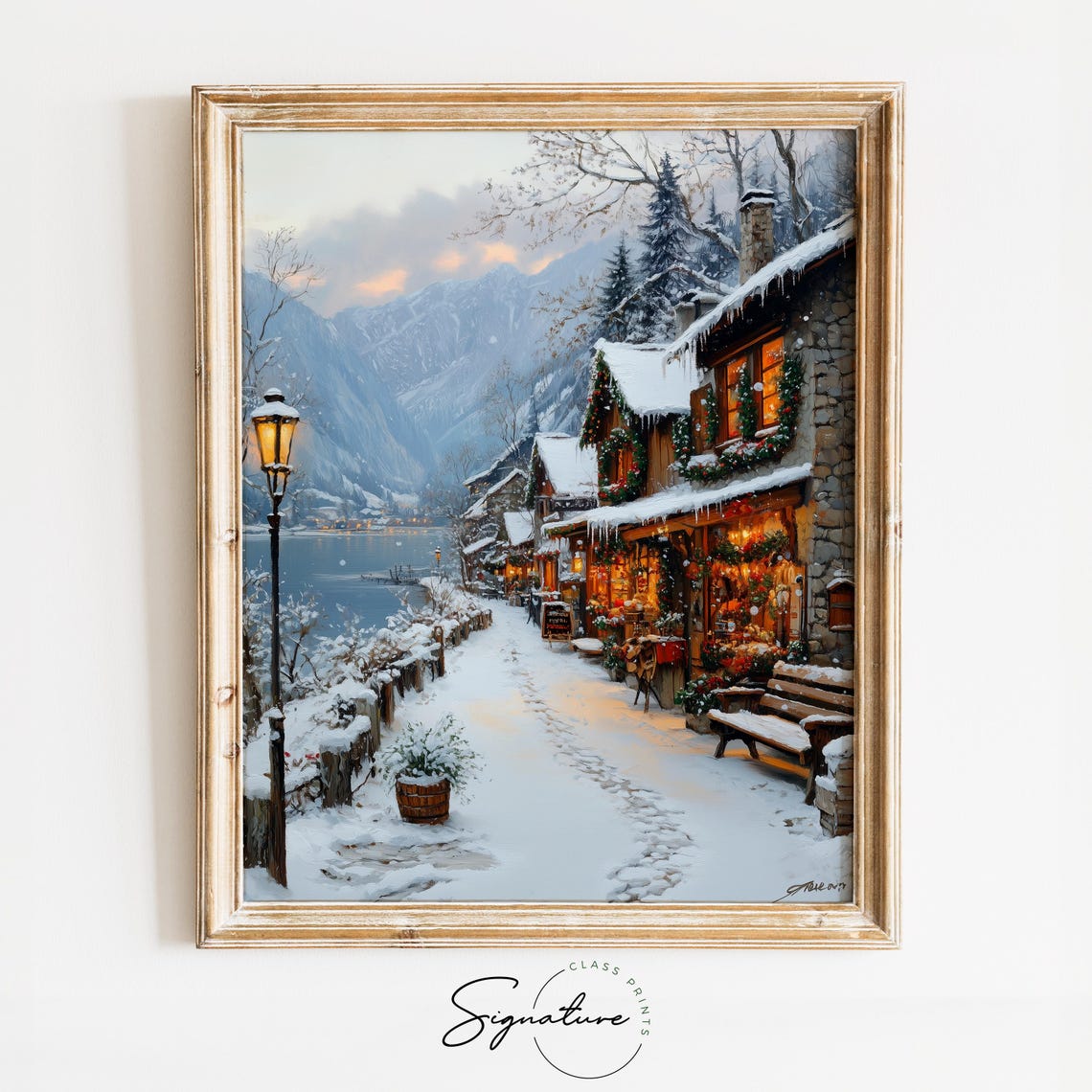 Snowy Lakeside Village At Dusk With Warm Lamp Glow Winter Poster