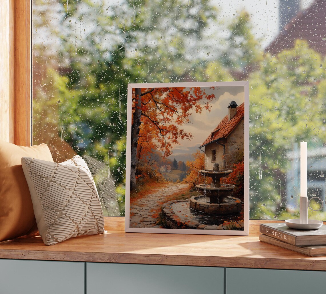 Stone Fountain Courtyard Beside Cottage In Blazing Autumn Trees Poster - Image 2