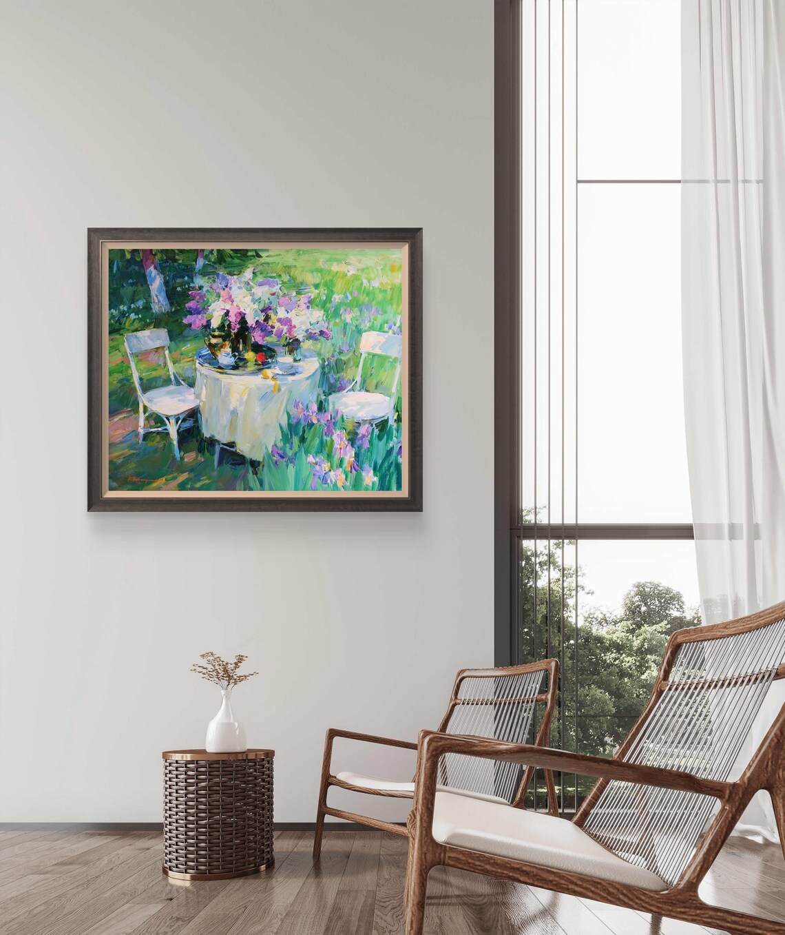Spring Blooms And Morning Tea, Garden Oil Painting - Image 2