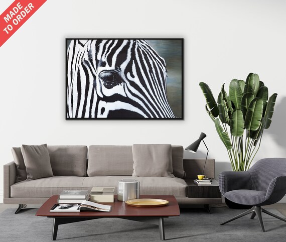 Zebra Close Up Portrait Painting Black and White Wildlife Poster
