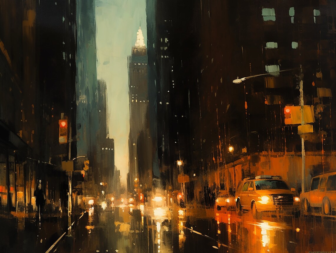 Night City Landscape, New York Rainy Evening