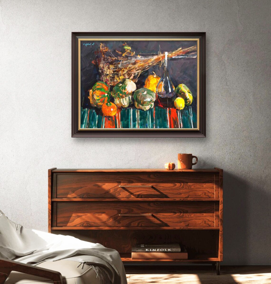 Rustic Still Life With Pumpkins, Original Oil Painting