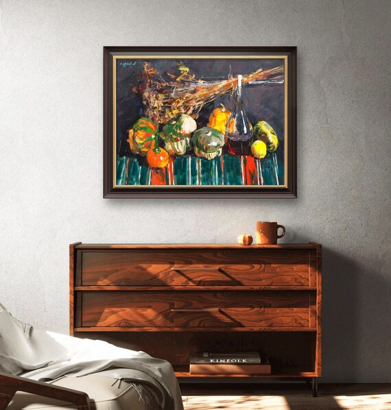 Rustic Still Life With Pumpkins, Original Oil Painting