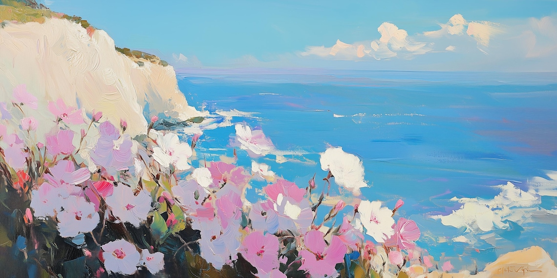 Coastal Floral Bliss, Impressionist Ocean Landscape - Image 2