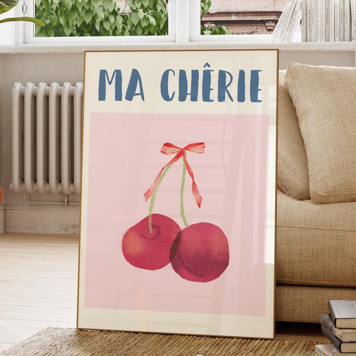 Ma Cherie Red Cherries Ribbon Pink Minimalist French Art Poster