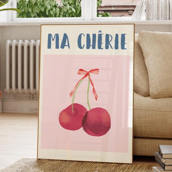 Pink Cherry Poster Love Ma Cherie Print Retro Wall Art 70s Funky Decor Trendy