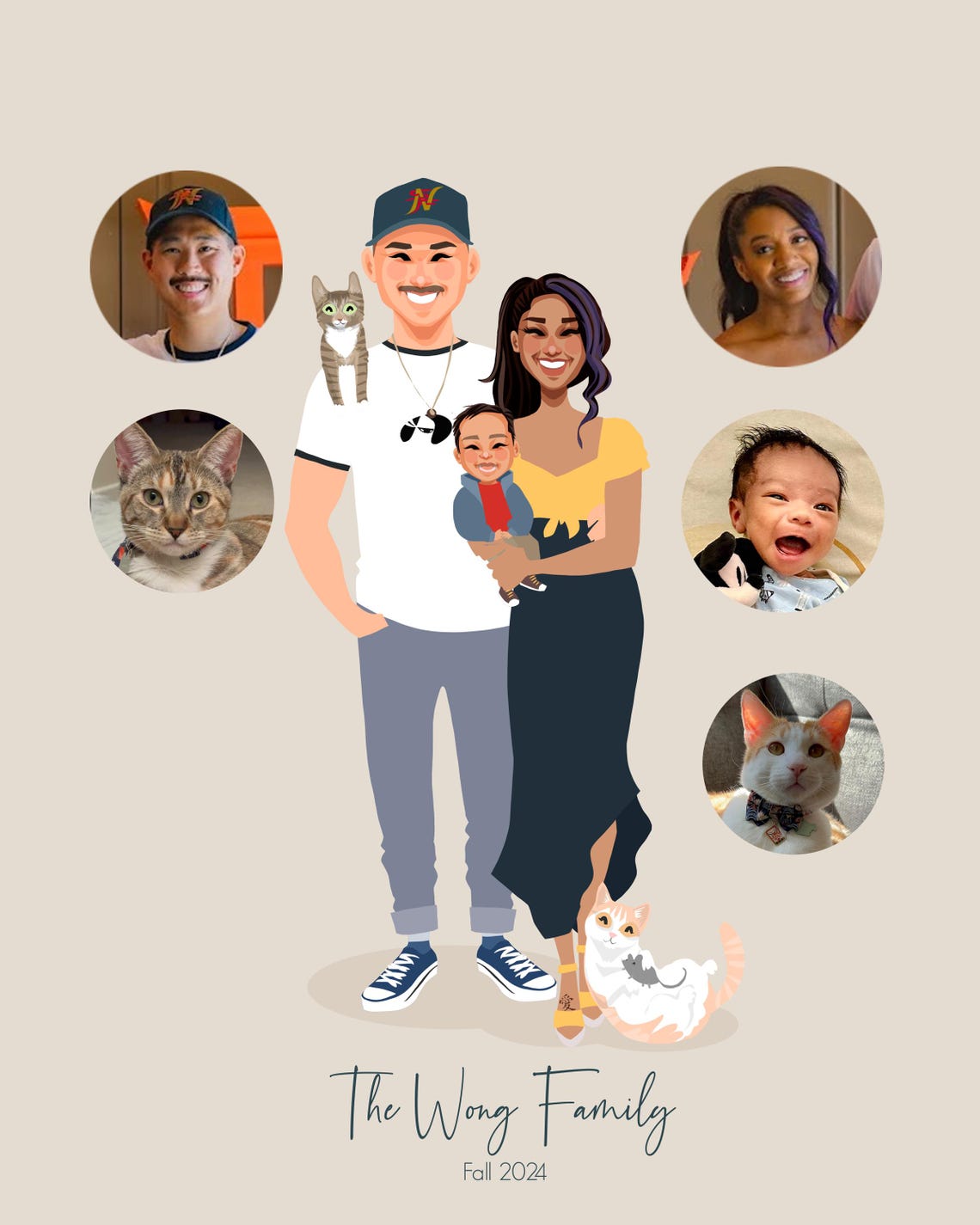 Custom Illustrated Wong Family Portrait With Parents Baby and Two Cats Poster - Image 5