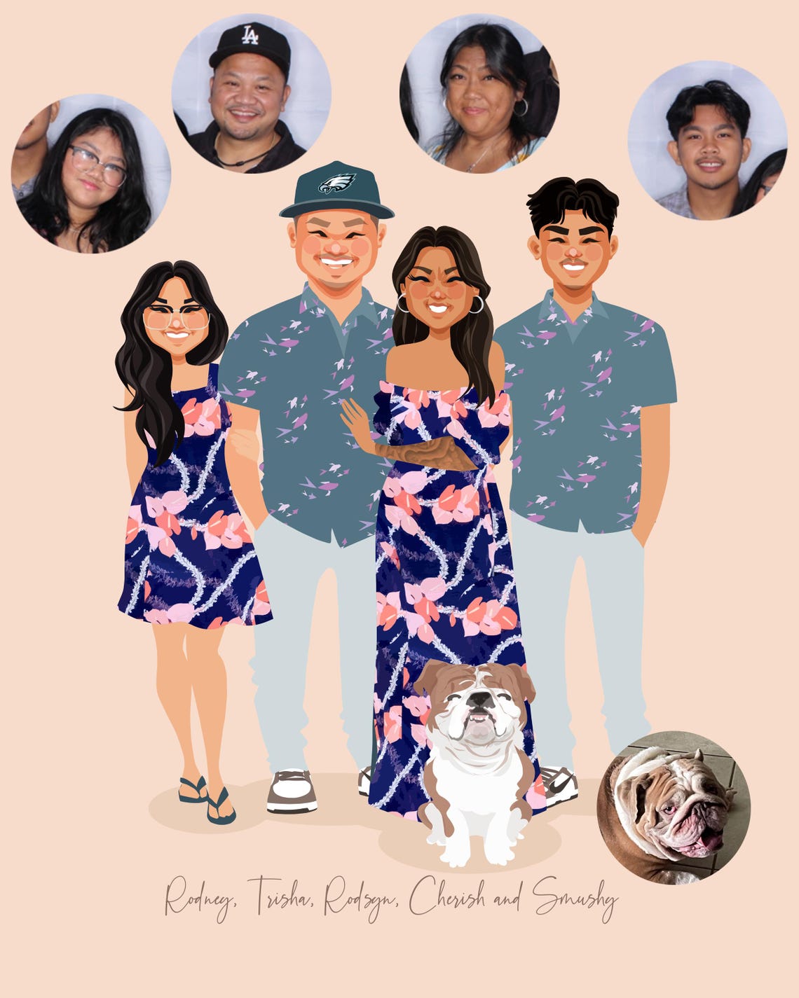 Custom Illustrated Family Portrait With Bulldog and Eagles Cap Poster - Image 5