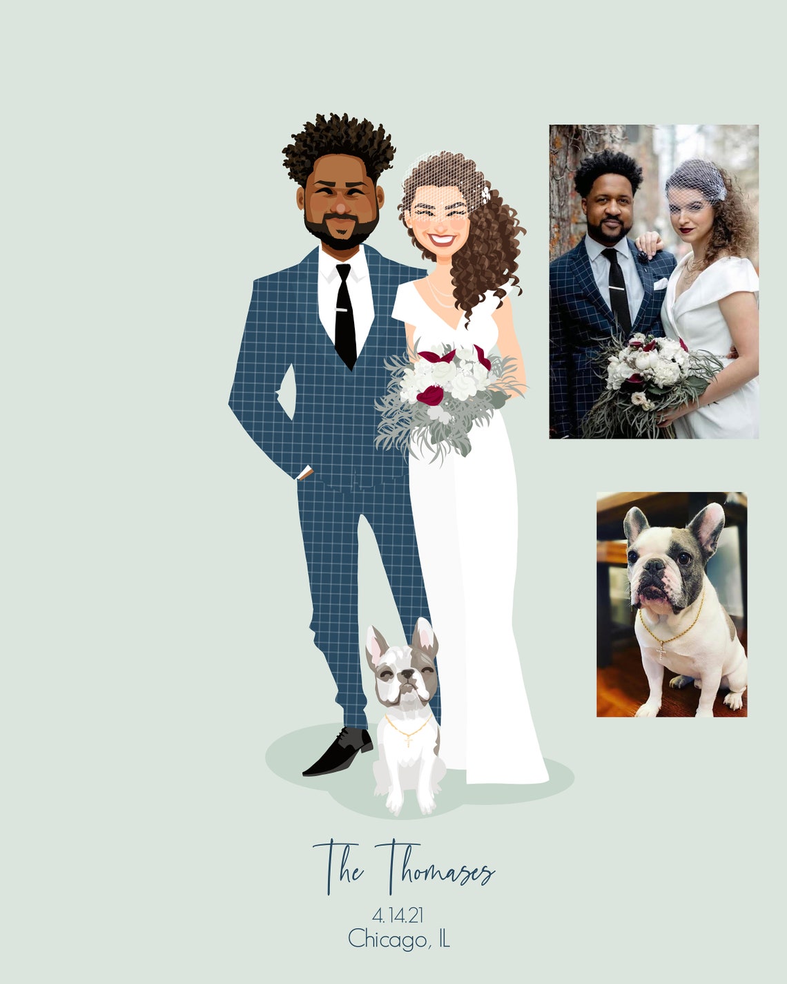 Custom Illustrated Wedding Portrait The Thomases With Dog in Chicago Poster - Image 6