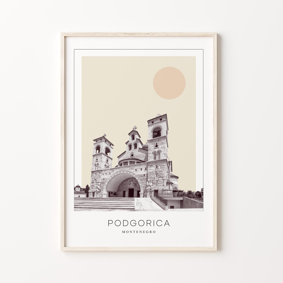 Podgorica Montenegro Stone Cathedral Minimalist Sun Travel Poster