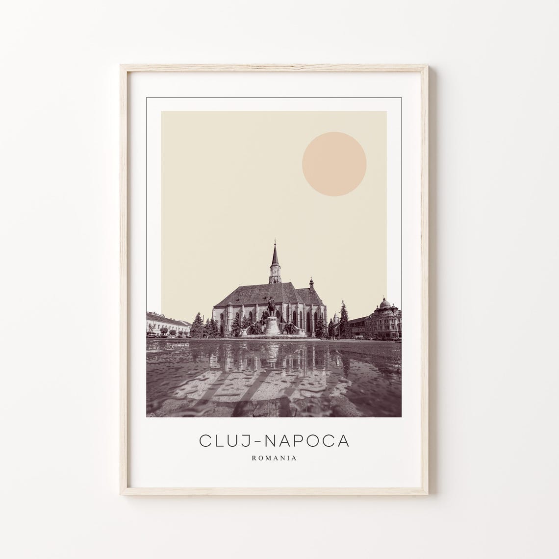Cluj-Napoca Romania Church Rain Reflection Minimalist Poster