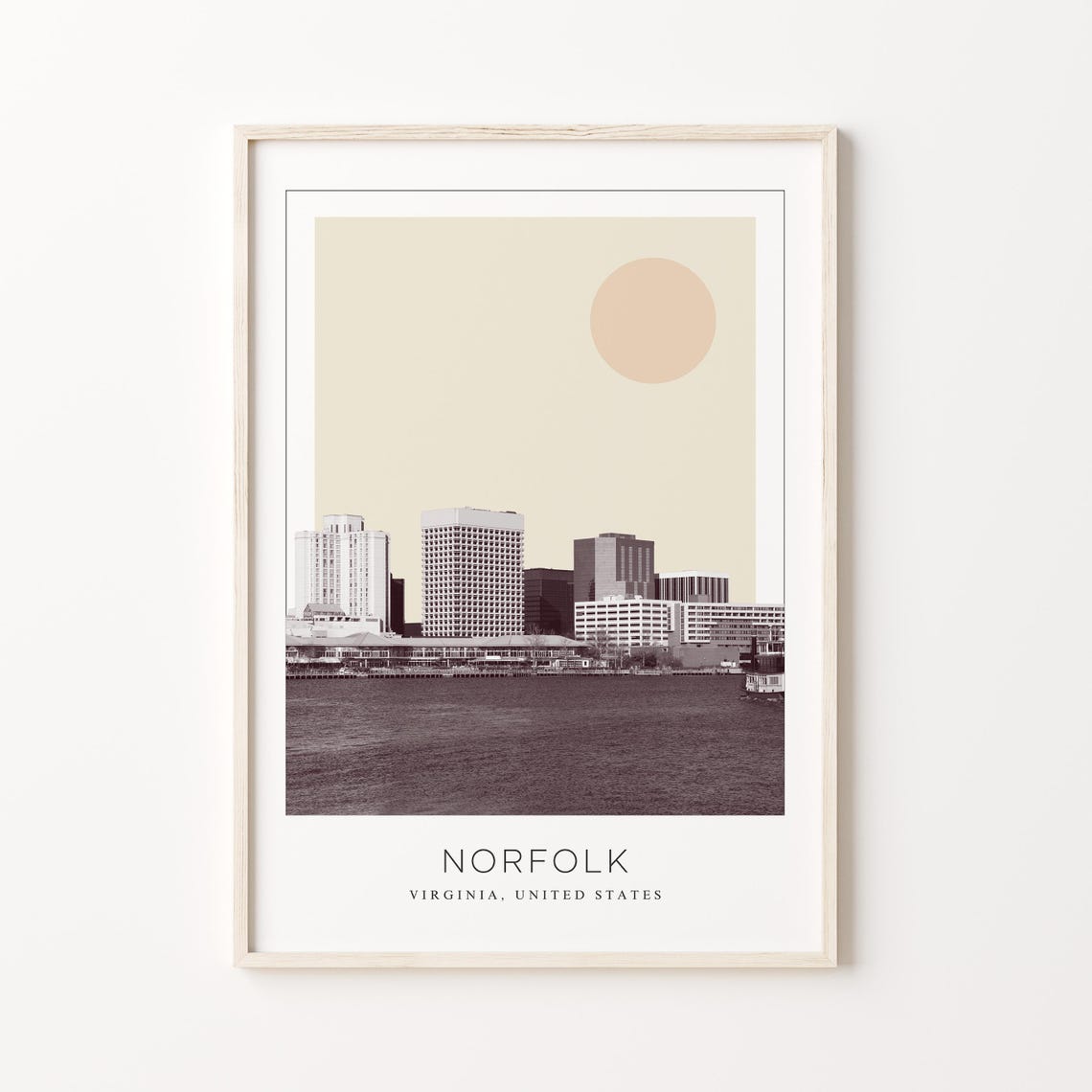Norfolk Virginia Waterfront Skyline Minimalist Sun Travel Poster