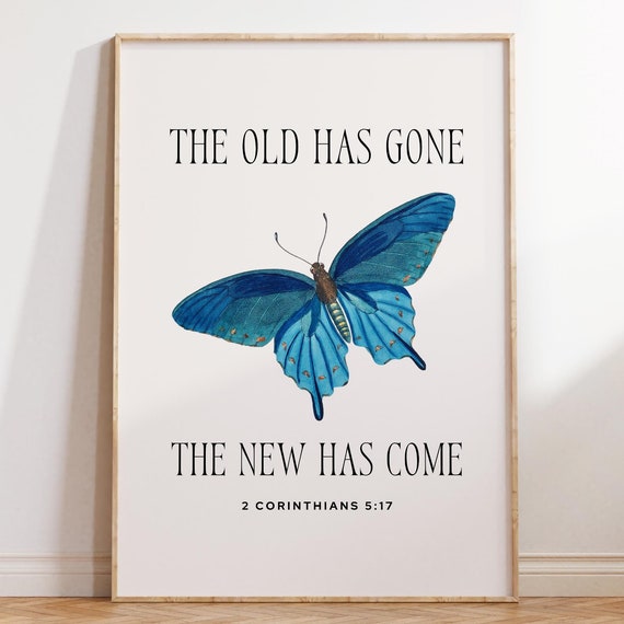 2 Corinthians Butterfly Christian Wall Art Bible Verse Quote Blue Floral Art Minimalist Faith Poster Apartment Decor Housewarming Gift