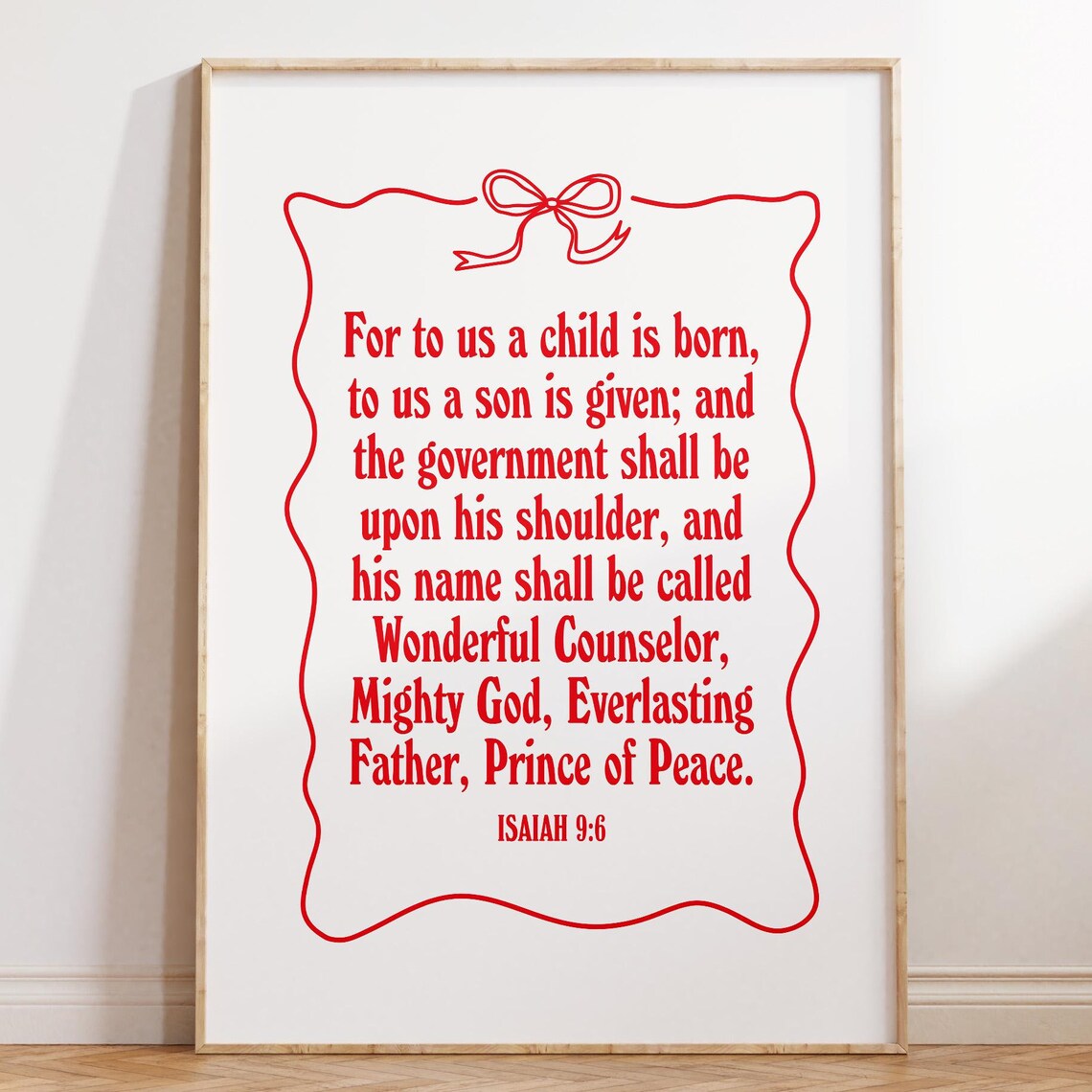 Isaiah 9:6 Christmas Verse Red Bow Border Christian Holiday Poster