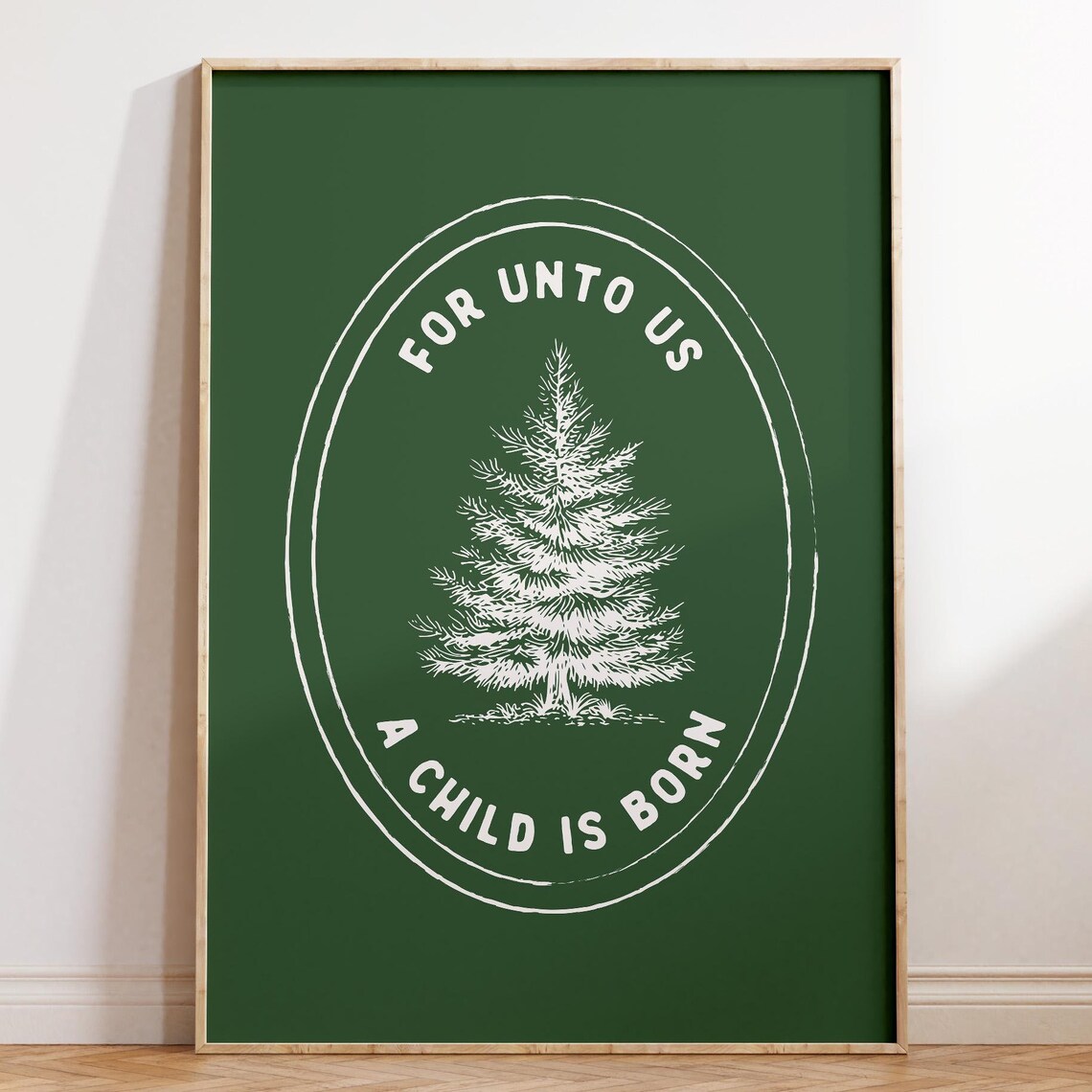 For Unto Us A Child Is Born Deep Green Christmas Tree Vintage Poster