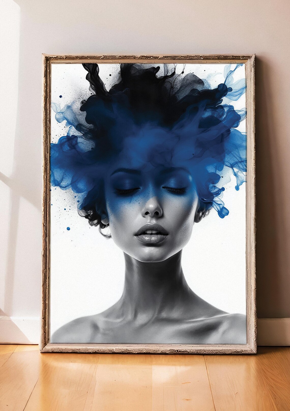 Grayscale Woman Portrait with Blue Ink Smoke Cloud Art Poster