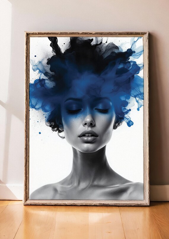 Grayscale Woman Portrait with Blue Ink Smoke Cloud Art Poster