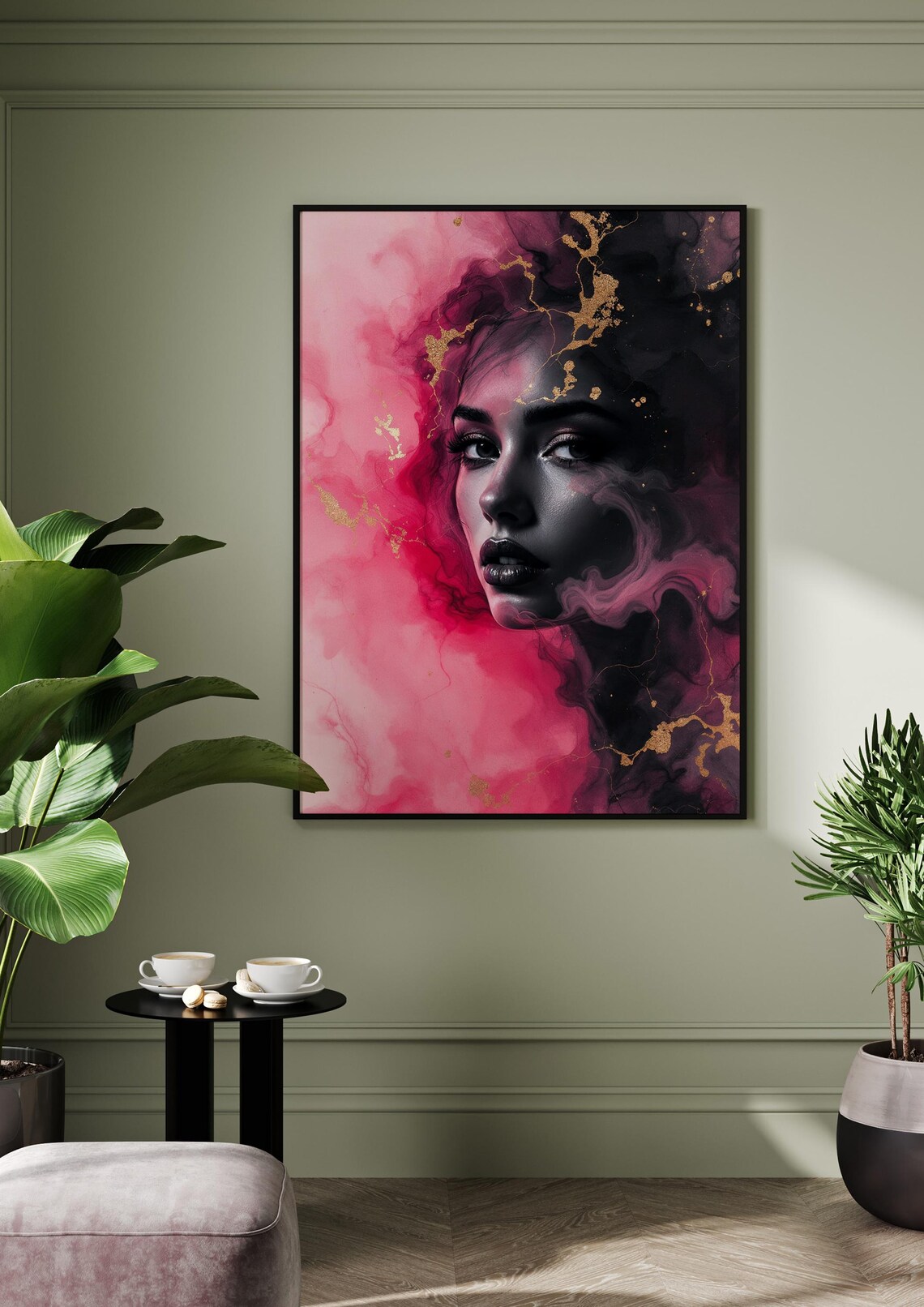 Pink And Gold Ink Abstract Woman Portrait Gaze Artistic Poster - Image 3