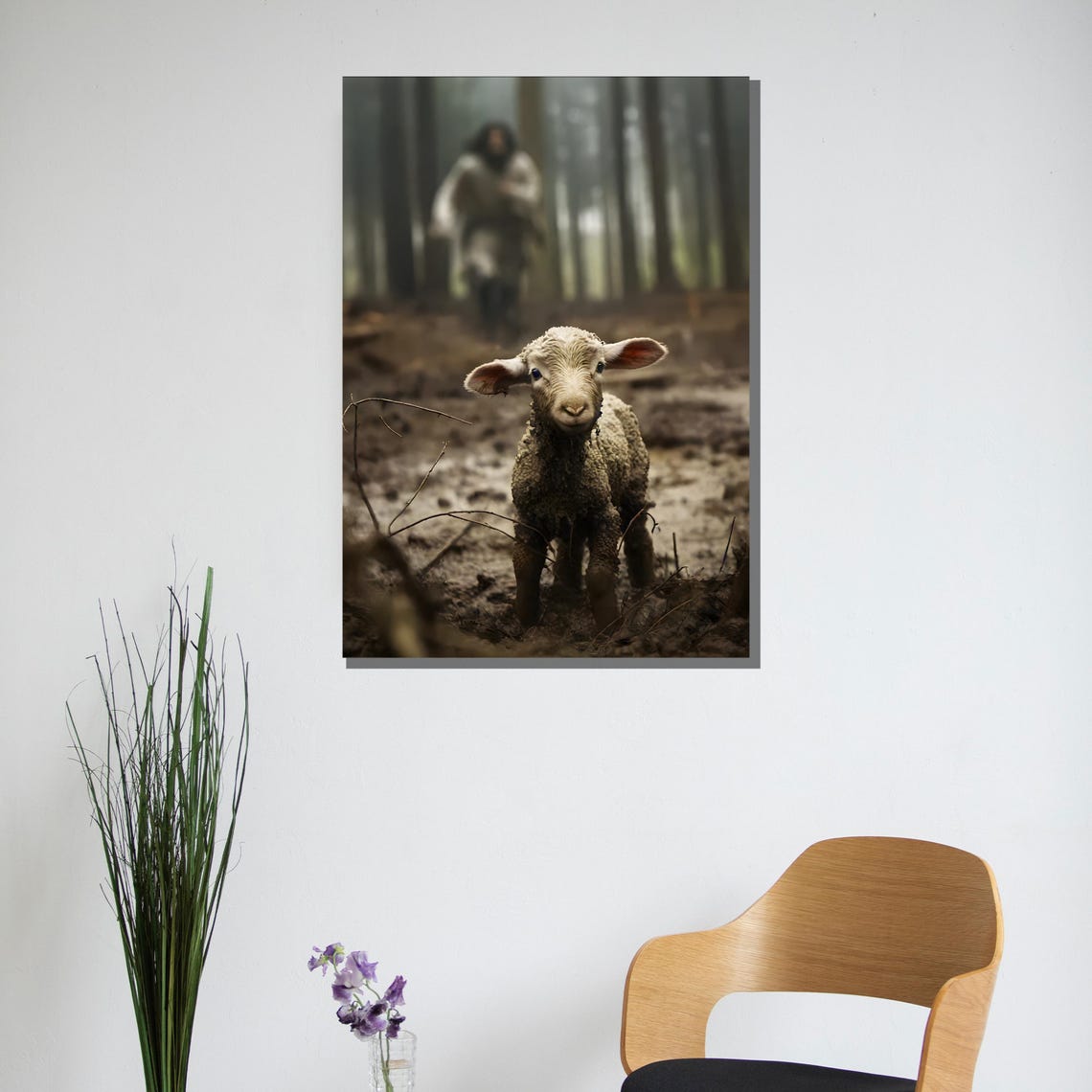 Lost Lamb in Misty Forest Path Shepherd Behind Faith Art Poster - Image 3