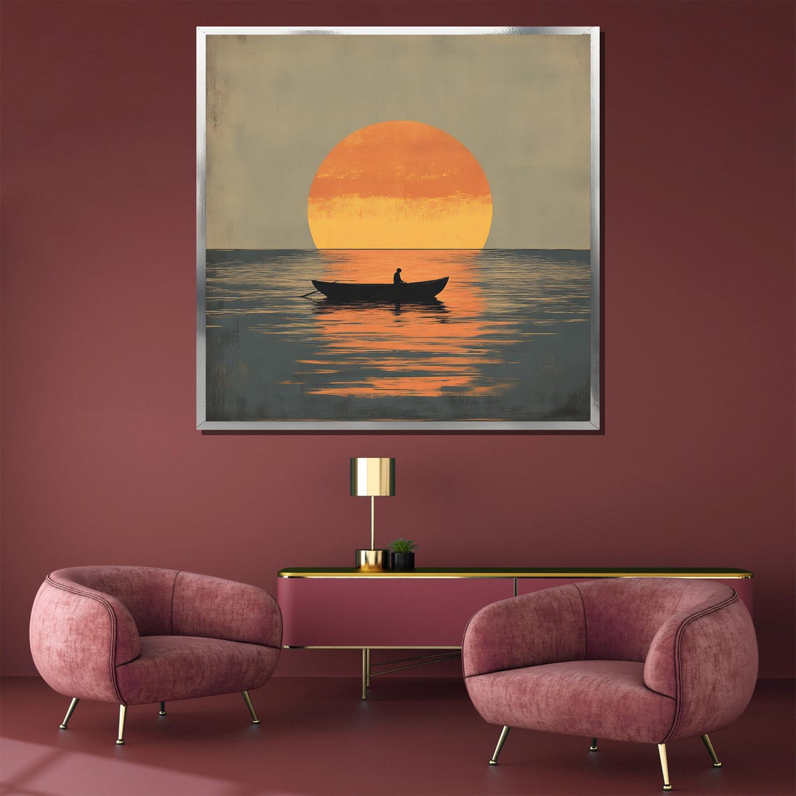 Solitary Fisherman Silhouette Giant Sunset Ocean Minimal Poster - Image 3