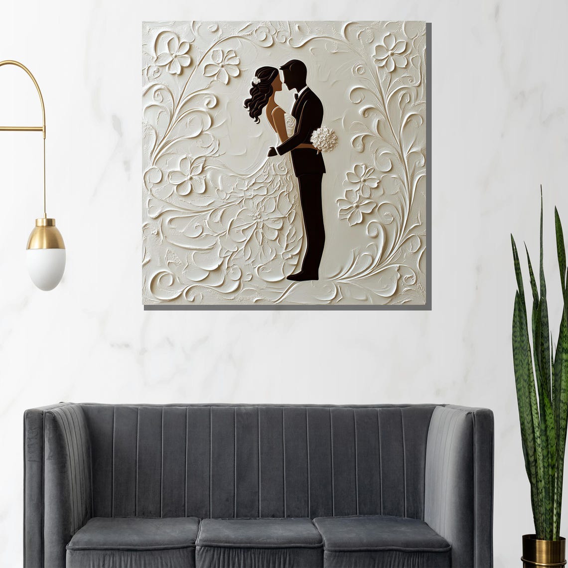 Elegant Wedding Couple White Floral Carved Relief Sculpture Poster - Image 2